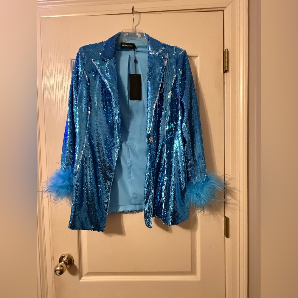 Fashion Nova Luxe Blue Sequin Feather Trim Blazer & Pants Set | Size XL | NWT